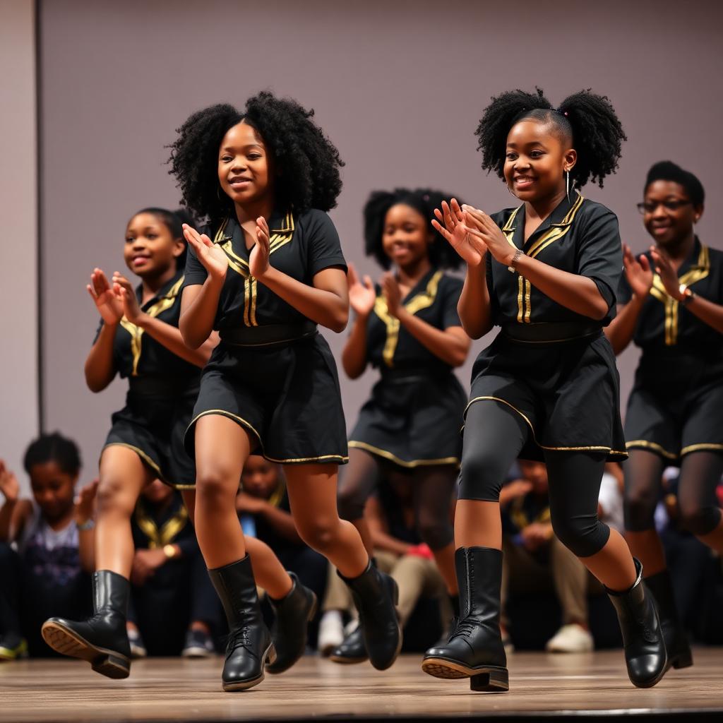 Youth step team performing synchronized stepping routine
